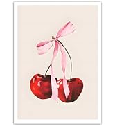 ZLYARTMP Red Cherry Wall Art Trendy Preppy Feminine Poster Picture Vintage Minimalist Fruit Bow P...