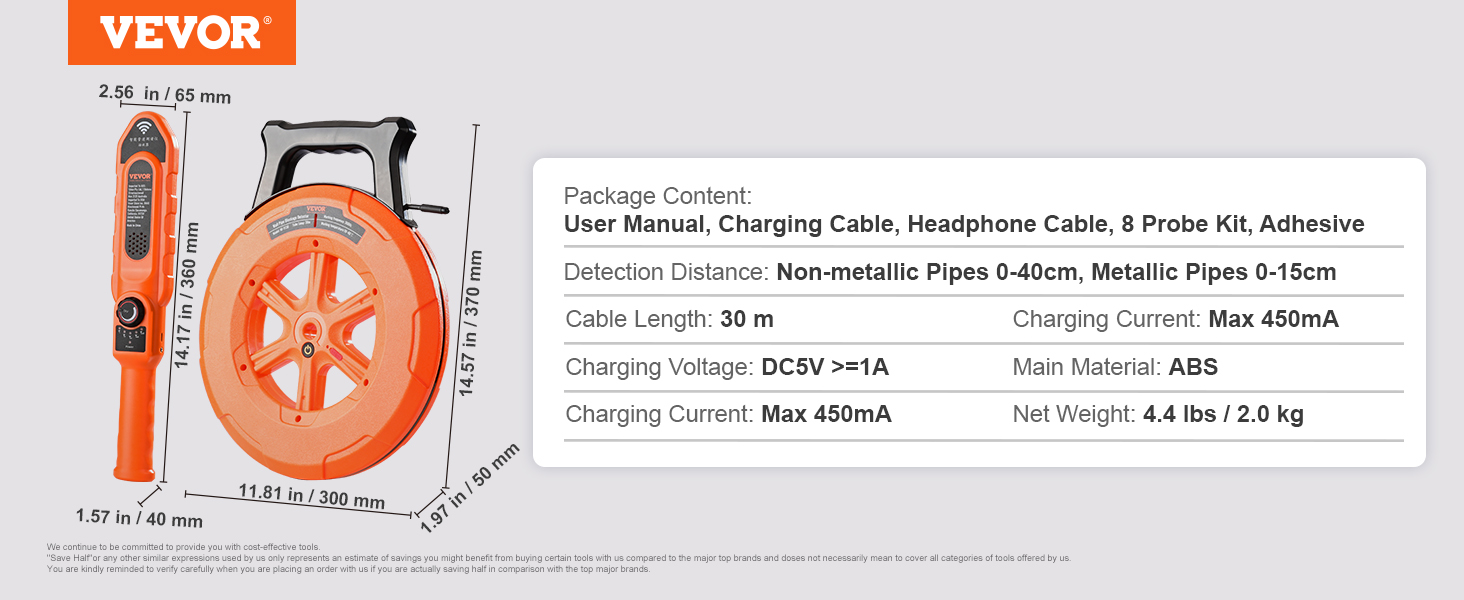 VEVOR Pipe Locators, 100ft/30m PVC Pipe Locators Underground, IP67 ...