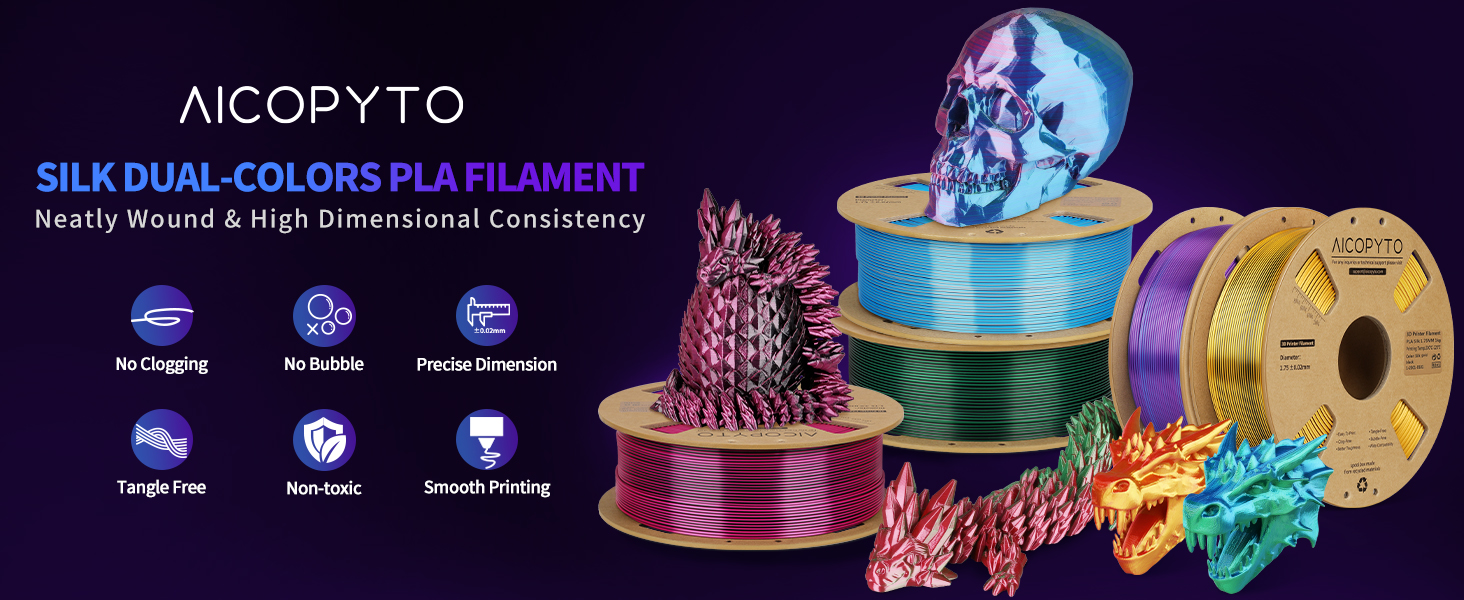 Silk PLA 3D Printer Filament Bundle, Shiny Dual Color Filament 1.75mm Pack, Multi Color Change 3D Printing Filament for Most FFF 3D Printer,1KG X 4 Spools 9 Dual Color Silk PLA 3D Printer Filament 1.75mm Silk Filament 1KG