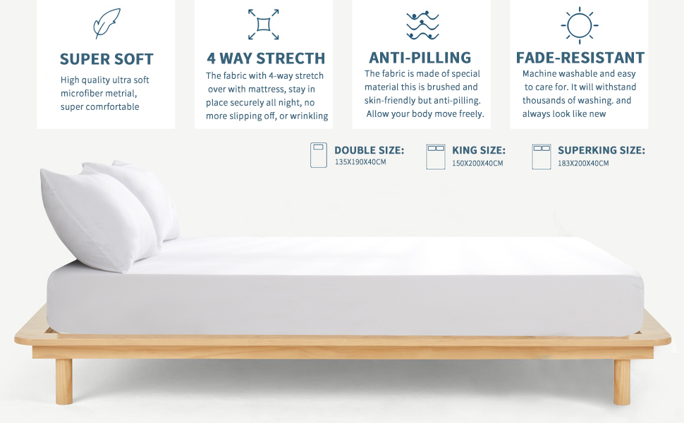 RUIKASI Fitted Sheets Super King Size 16"/40CM White Extra Deep