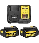 Text reads 'DCB112' and '8.0Ah 18V'. Professional battery charging system with black charging dock and two yellow-accented 8.0Ah 18V battery packs.