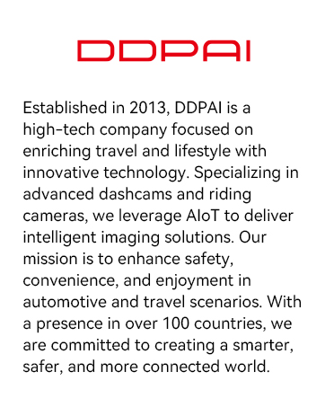 DDPAI company logo and mission statement text describing their focus on automotive cameras and AI technology solutions established in 2013.