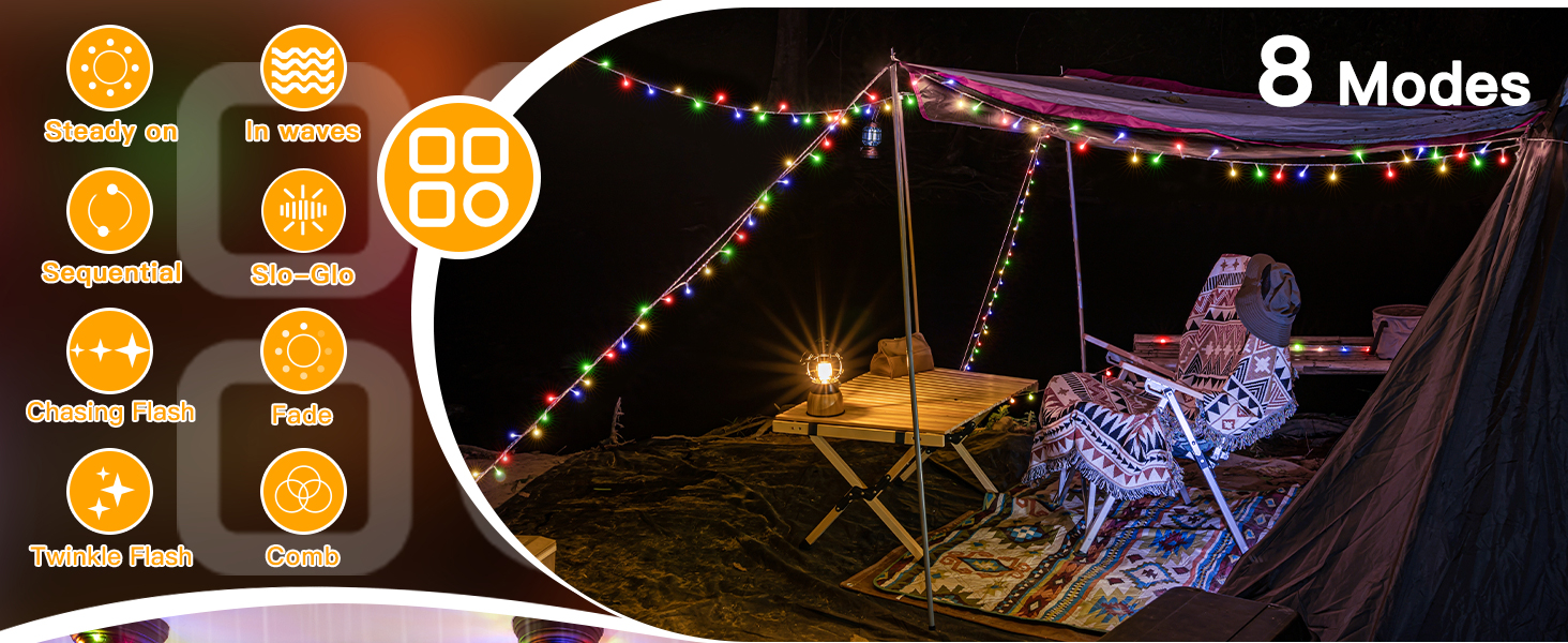 Text reads '8 Modes'. Circular icons showing different light modes, with string lights displayed in outdoor nighttime setting with illuminated decorative figure.