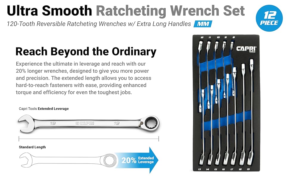 120-Tooth Ultra Smooth Ratcheting Wrenches Set with Mechanics Tray, Metric