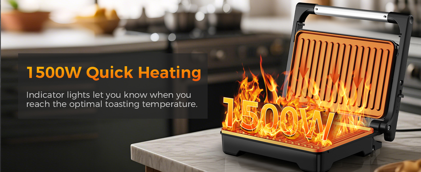 Electric heating grill with glowing orange heating elements rated at 1500W, demonstrating quick heating capability.