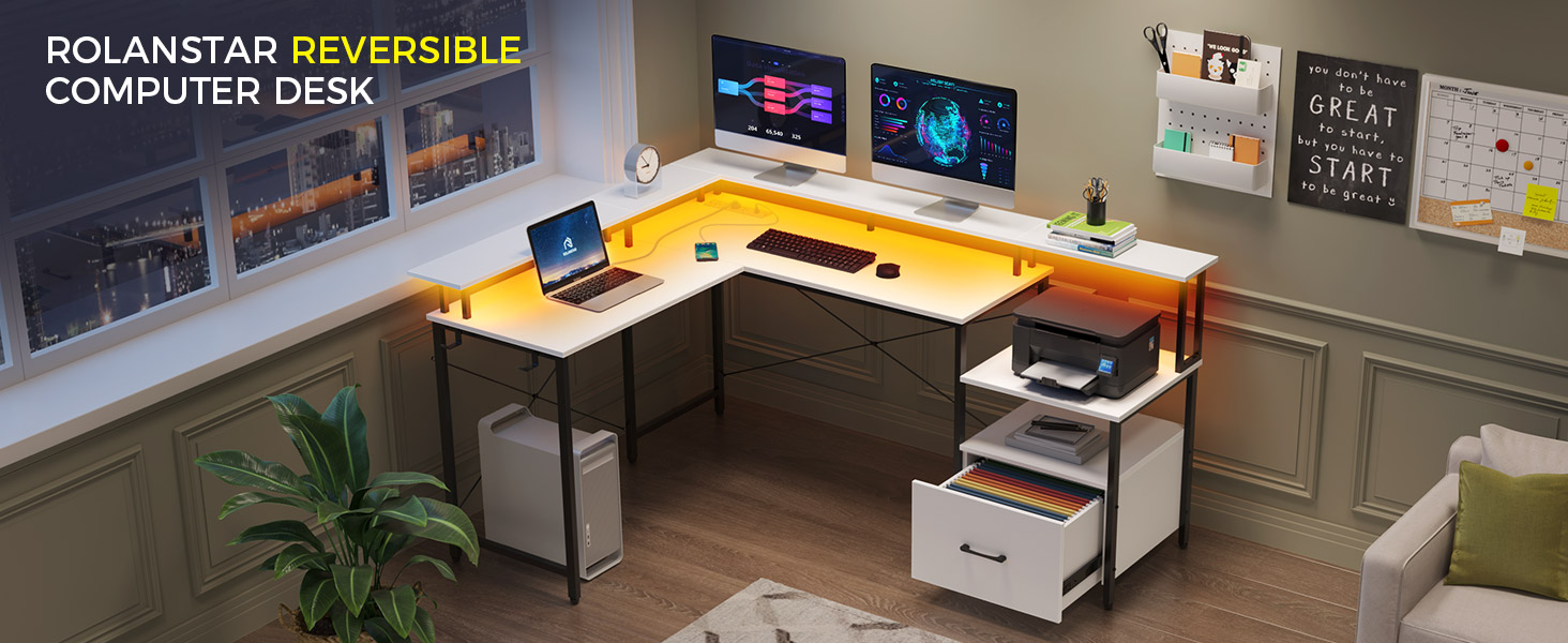 Rolanstar Computer Desk with Power Outlet & LED Strip and