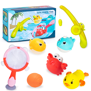 Baby Bath Toys, 7 Pcs Magnetic Fishing Game Set with 3 Light Up Fishing Toys, 1 Wind Up Duck/Fishing Net/Rob/Squirt Ball Mould Free Floating Bath Toys Gifts for 1+ Year Old Boys Girls 16 3
