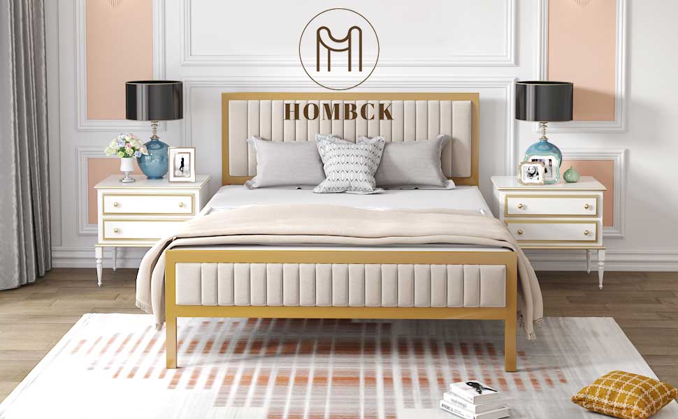 Full Size Metal Bed Frame with Upholstered Headboard and