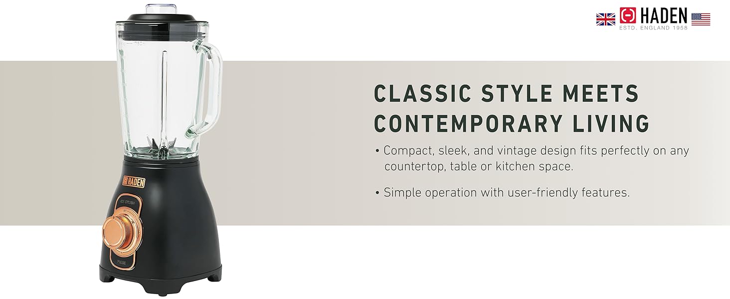 A Black-colored blender with glass pitcher. Text reads: Classic Style Meets Contemporary Living.