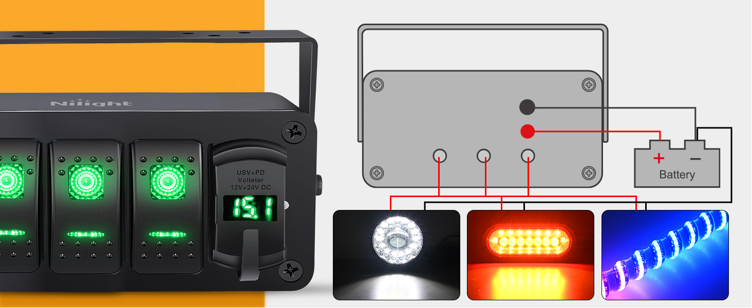Nilight 3 Gang Rocker Switch Box with PD Type C and QC 3.0 USB Charger Voltmeter
