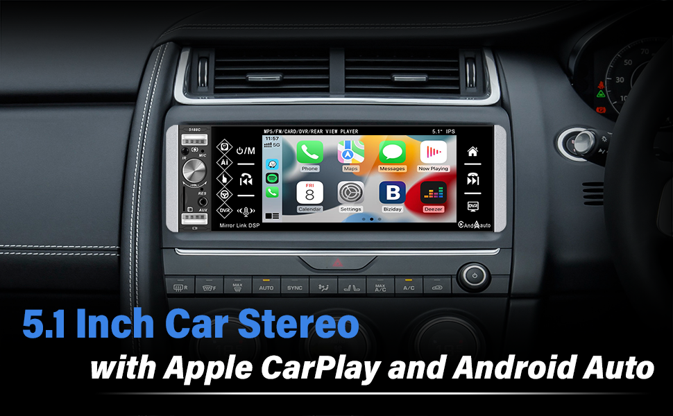 Android Auto Apple Carplay Single DIN Radio, 5.1 Inch 1 Din Touchscreen RDS AM FM Car Stereo