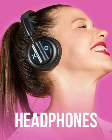Wireless over-ear headphones with blue light indicator worn by a person against a pink background. Text reads 'HEADPHONES'.