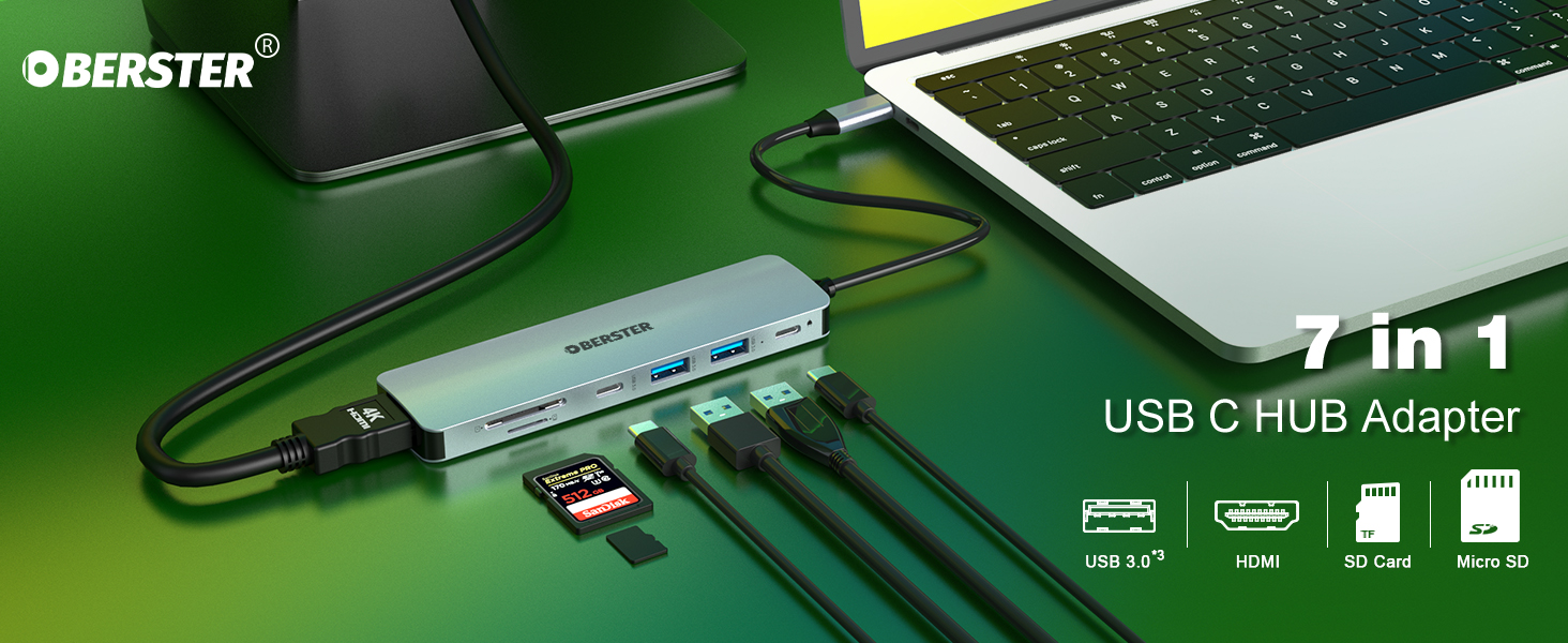 OBERSTER Hub USB C 4K HDMI, 7 en 1 Adaptateur USB C avec USBC 3.0, 2 USB 3.0 Ports, 100W PD, 4K