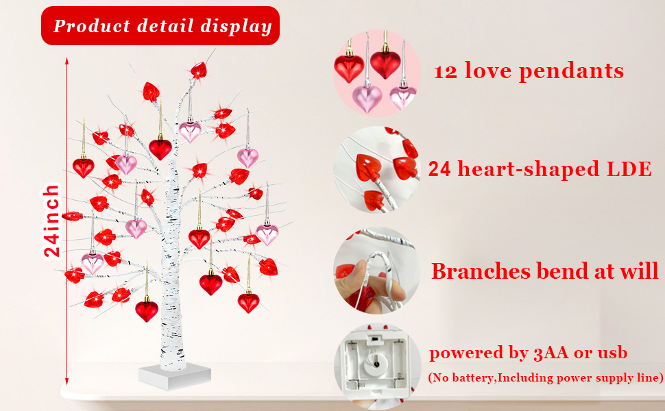 2Pack Valentines Day Decor Lighted Birch Tree with 24 Heart