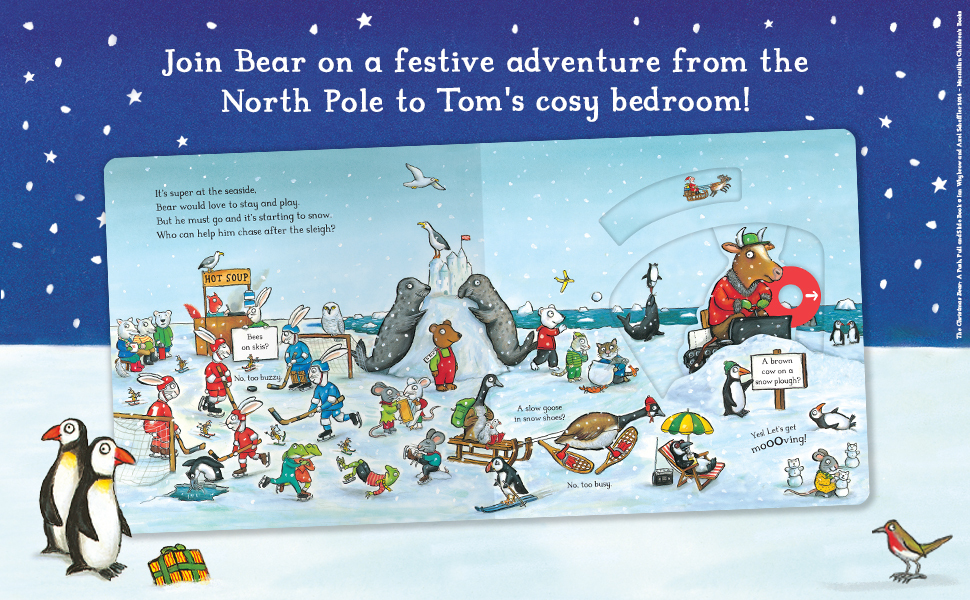 A spread from the book surrounded by snowy background, characters and text