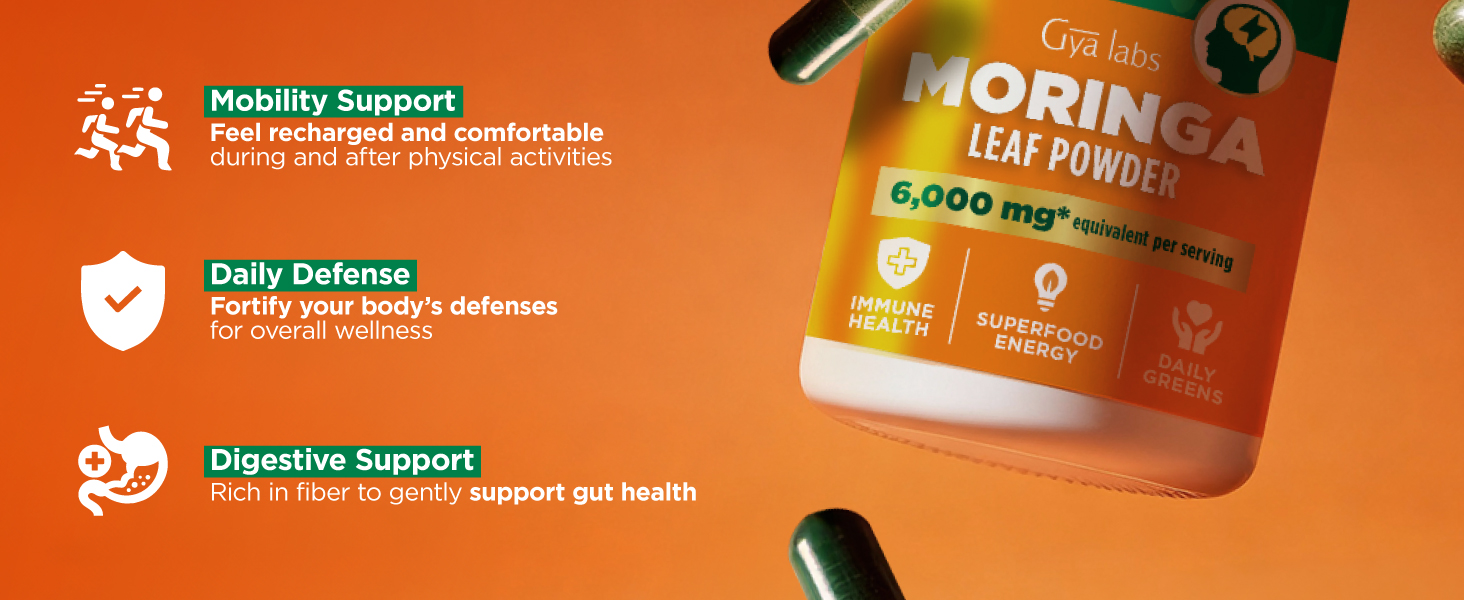 Bold orange background with moringa capsule bottle and green capsules talking about its benefit