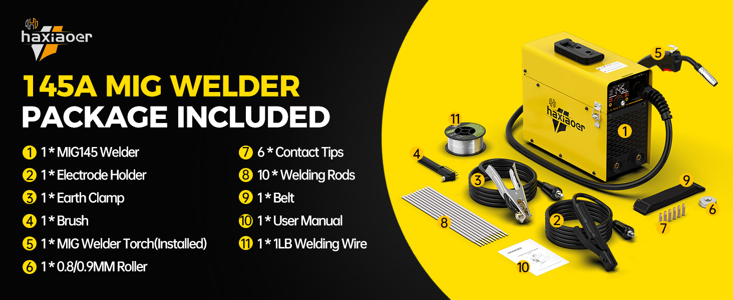 Text reads 'T45A MIG WELDER' and 'PACKAGE INCLUDED' followed by itemized list of included components on yellow background.