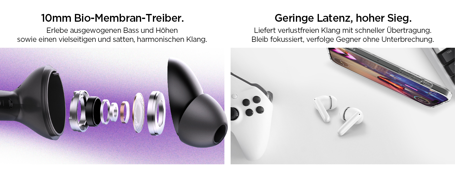 Der Text lautet "(5mm Bio-Membrane+Treble)" και "Geringe Latenz, hoher Step". Die Produktbestandteile zeigen Ohrhörer mit Bio-Membran und Hochteilen in der Explosionsdarstellung.