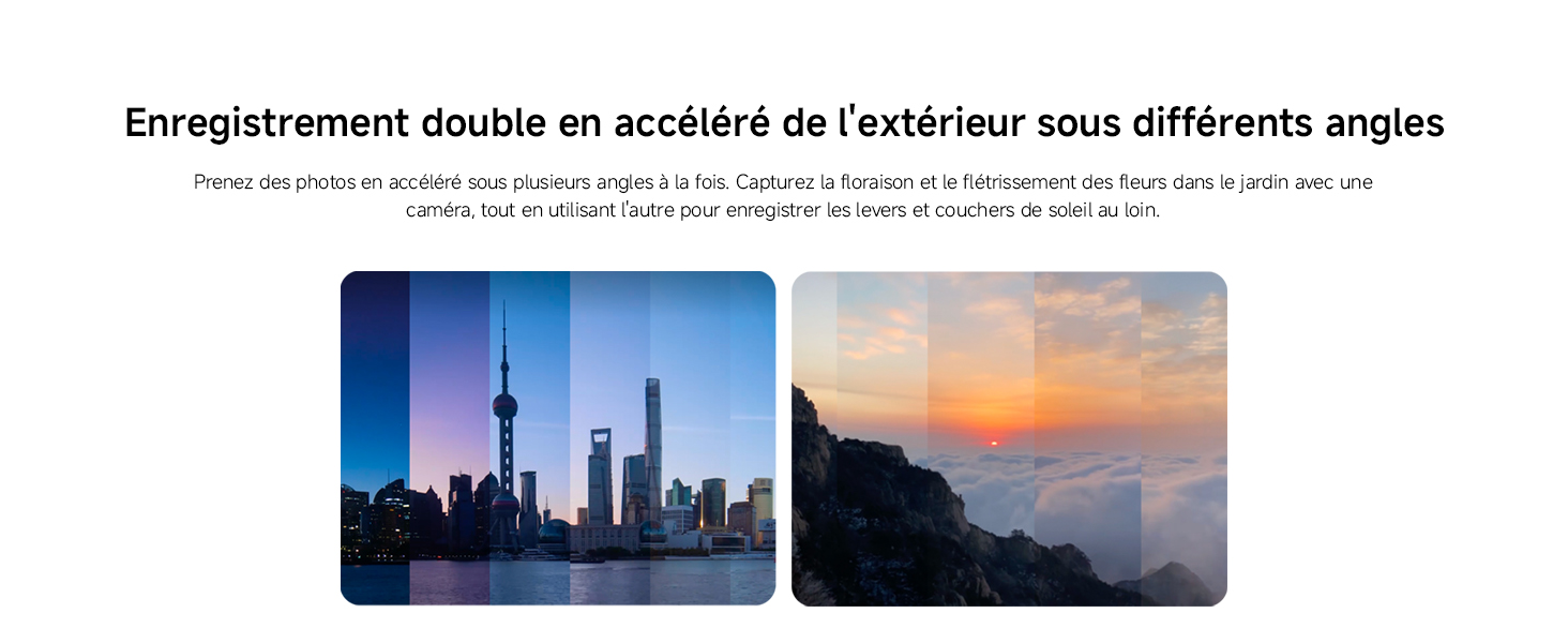 Le texte indique « Enregistrement études en accéléré de l'évolution sous différents angles », suivi d'images de paysages urbains au coucher du soleil.