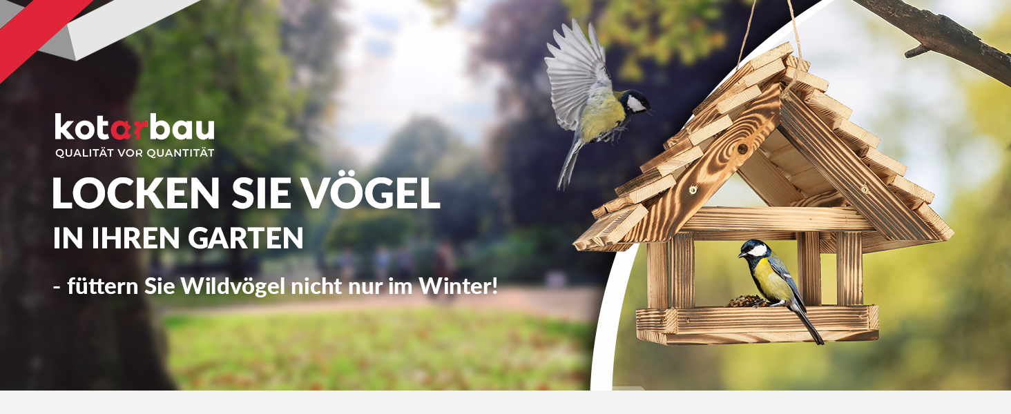 Serie von Außenbildern, die Vogelhäuschen aus Holz zeigen, die in Gartenanlagen montiert sind und Vögel die Futterhäuschen besuchen.