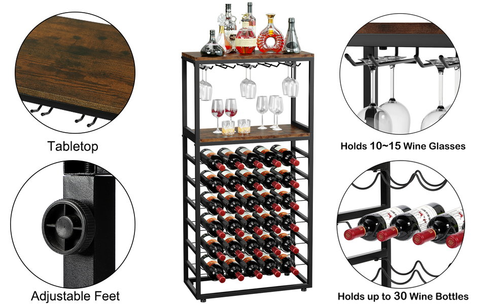 Dripex Wine Rack Freestanding for 30 bottles Bottle Rack with 6 Shelves, Glass Holder Vintage