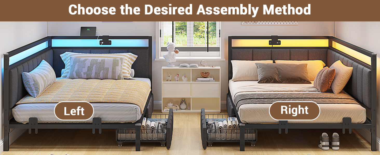 Corner Bed Frame Twin Size with LED Lights and Charging Station