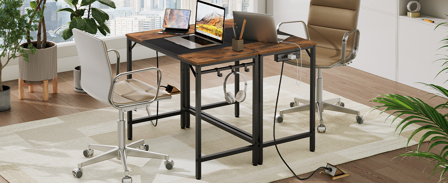 Computer Desk, Home Office Desk with Power Outlet, Modern Study Writing Desk