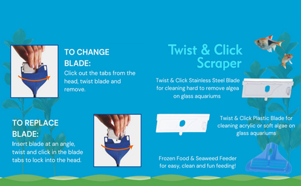 Interpet Twist & Click Aquarium Fish Tank Scraper Fixed Handle, Removes