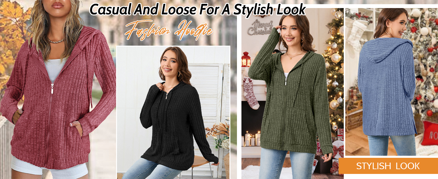 Four women modeling casual knit sweaters in different colors: maroon, black, green, and blue. Sweaters feature loose fit and v-neck designs.