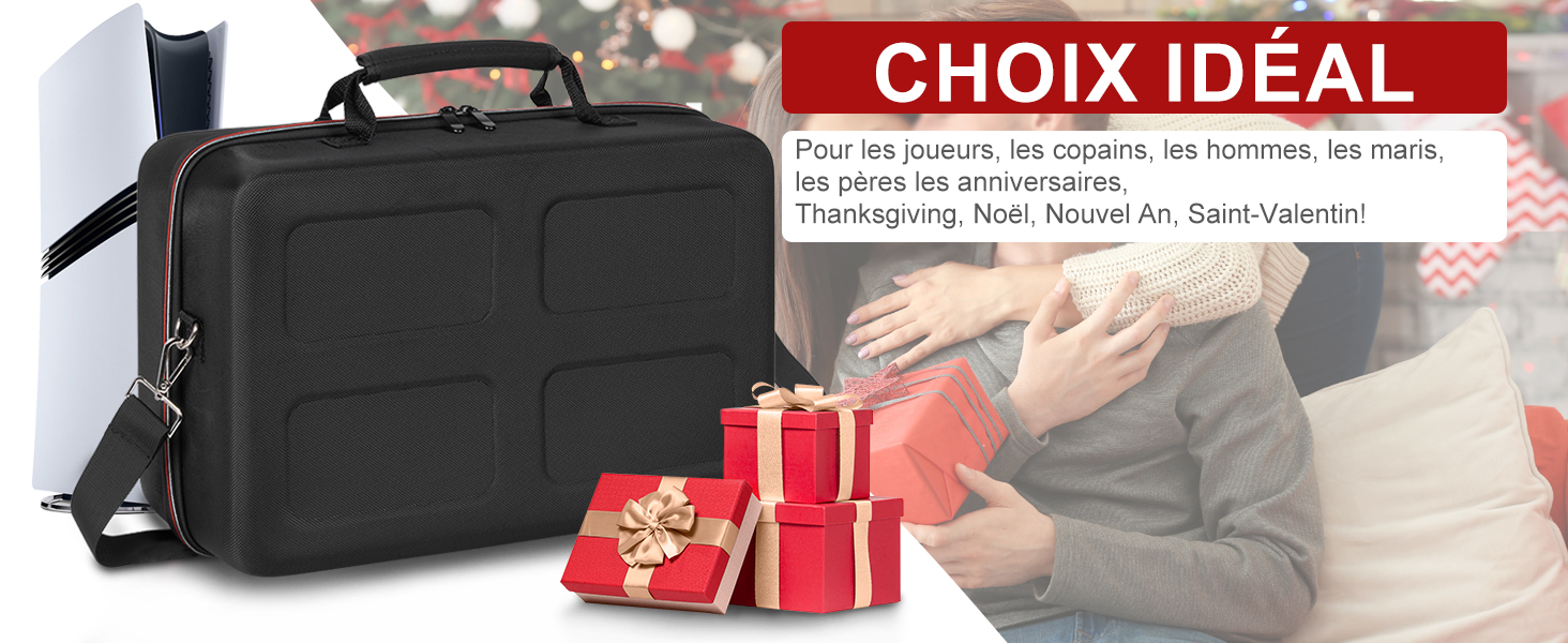 Le texte indique « CHOIX IDÉAL ». Porte-documents en cuir noir avec emballages cadeaux rouges affichés sur fond flou.