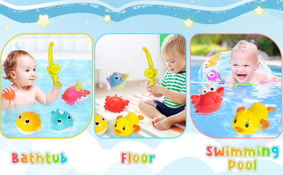 Baby Bath Toys, 7 Pcs Magnetic Fishing Game Set with 3 Light Up Fishing Toys, 1 Wind Up Duck/Fishing Net/Rob/Squirt Ball Mould Free Floating Bath Toys Gifts for 1+ Year Old Boys Girls 14 2