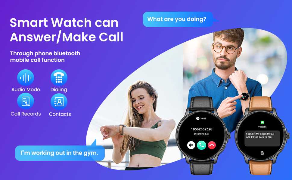 Text reads 'Smart Watch' 'Answer/Make Call'. Multiple panels showing smartwatch interface and functionality with calling features, displaying message bubbles and call controls on purple background.