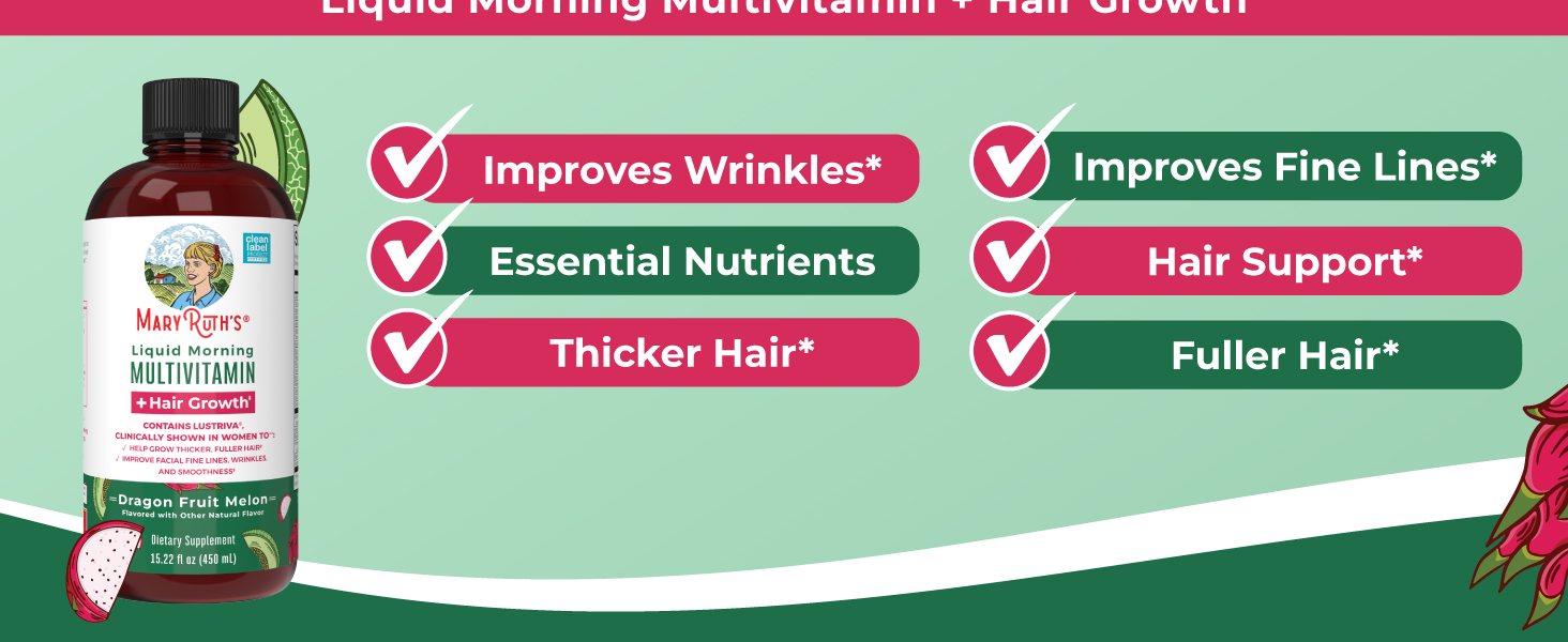 Liquid Morning Multivitamin + Hair Growth, Dragonfruit Melon, 15.22 fl oz