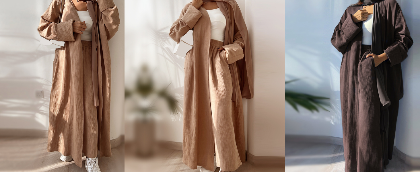Open Abayas Kimono Muslim Women Cardigan Maxi Dress and Pants Set Islamic Clothing Dubai Saudi Robe