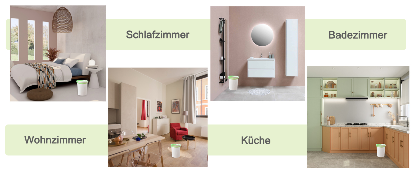 Schaufenster für Innenarchitektur mit vier auf Deutsch beschrifteten Räumen: Schlafzimmer, Badezimmer, Wohnzimmer und Küche, mit modernen, minimalistischen Möbeln.