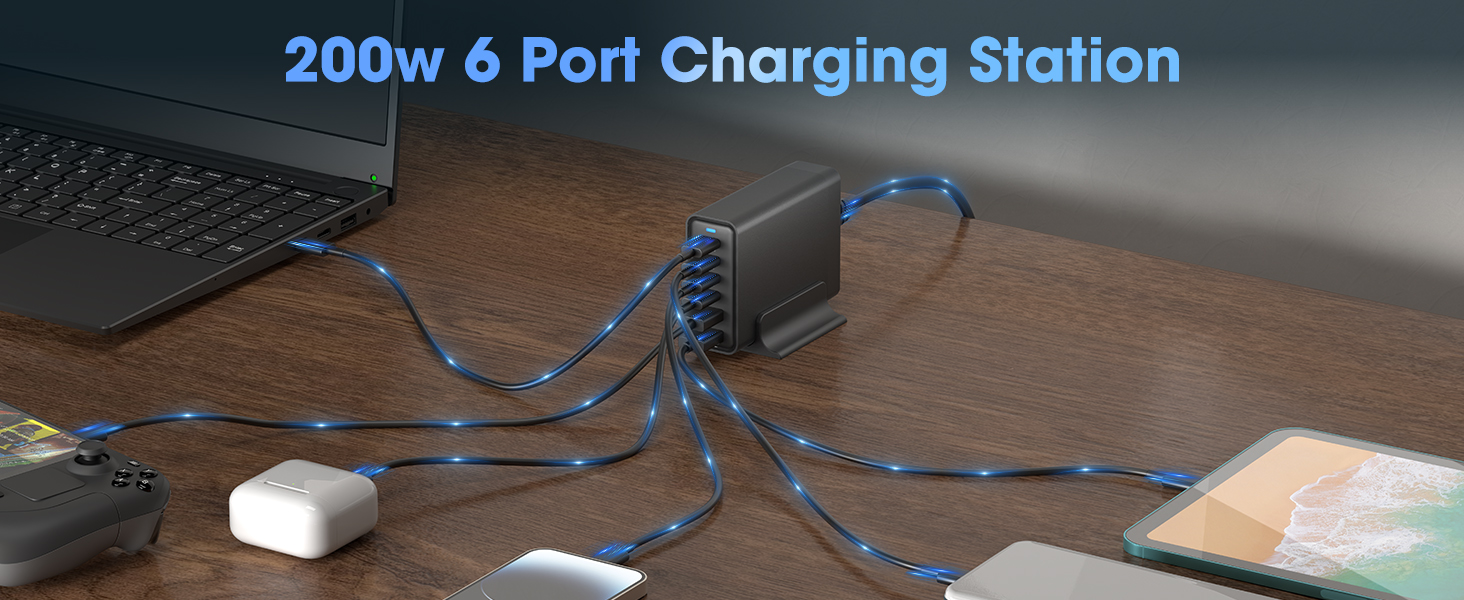 200W 6-port charging station with illuminated cables connected to multiple devices including a laptop, smartphone, and other gadgets on a wooden surface.