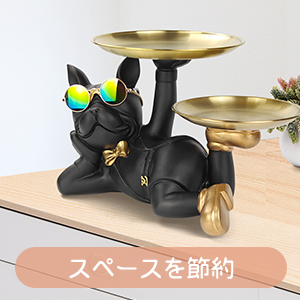 皿を上げるブルドッグ 置物 2枚掲げているゴールドの収納トレイ付 リエイティブ 飾り