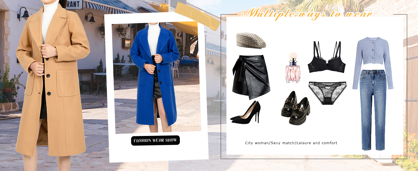 Women's Wool Blend Pea Coat Notch Lapel Single Breasted Classic Winter Long Wool Trench Coat