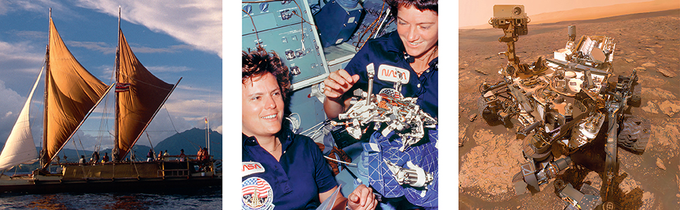 Sailboat in the ocean, members in a spaceship, and a rover in space