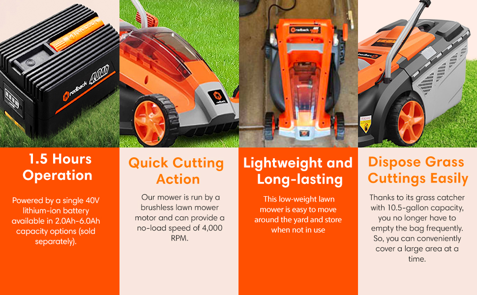 Redback 40V Electric Lawn Mower, Brushless Motor, 15