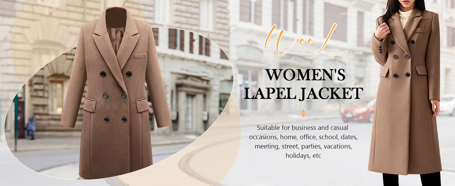 Womens Pea Coat Lapel Double Breasted Wool Trench Coat Women Coats