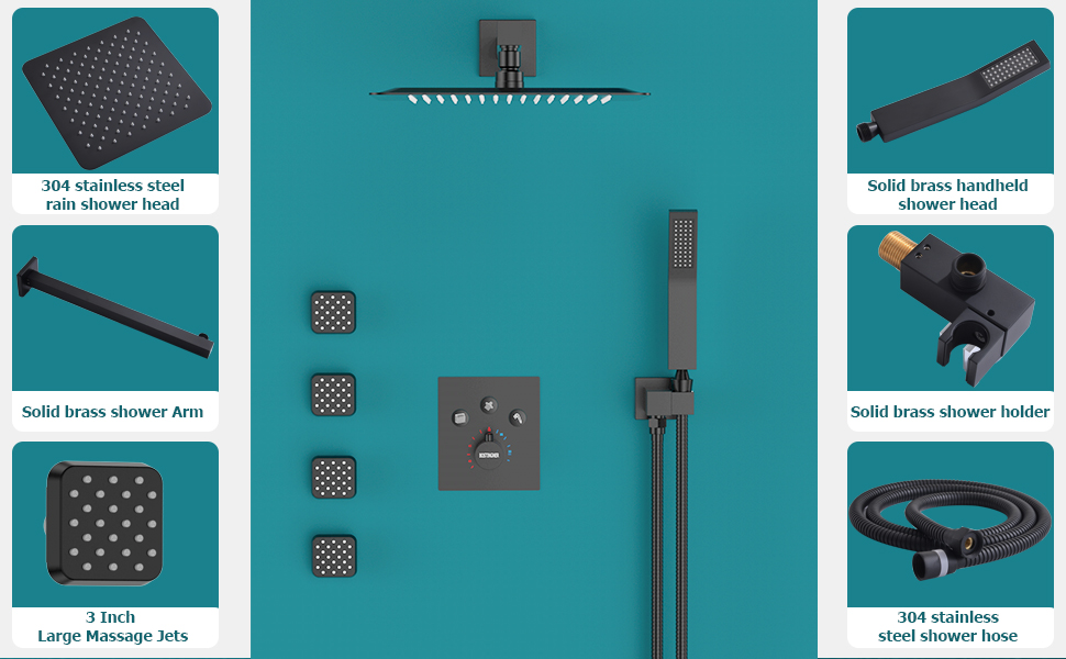 Bostingner Rain Shower System with Body Spray Jets Thermostatic Wall M