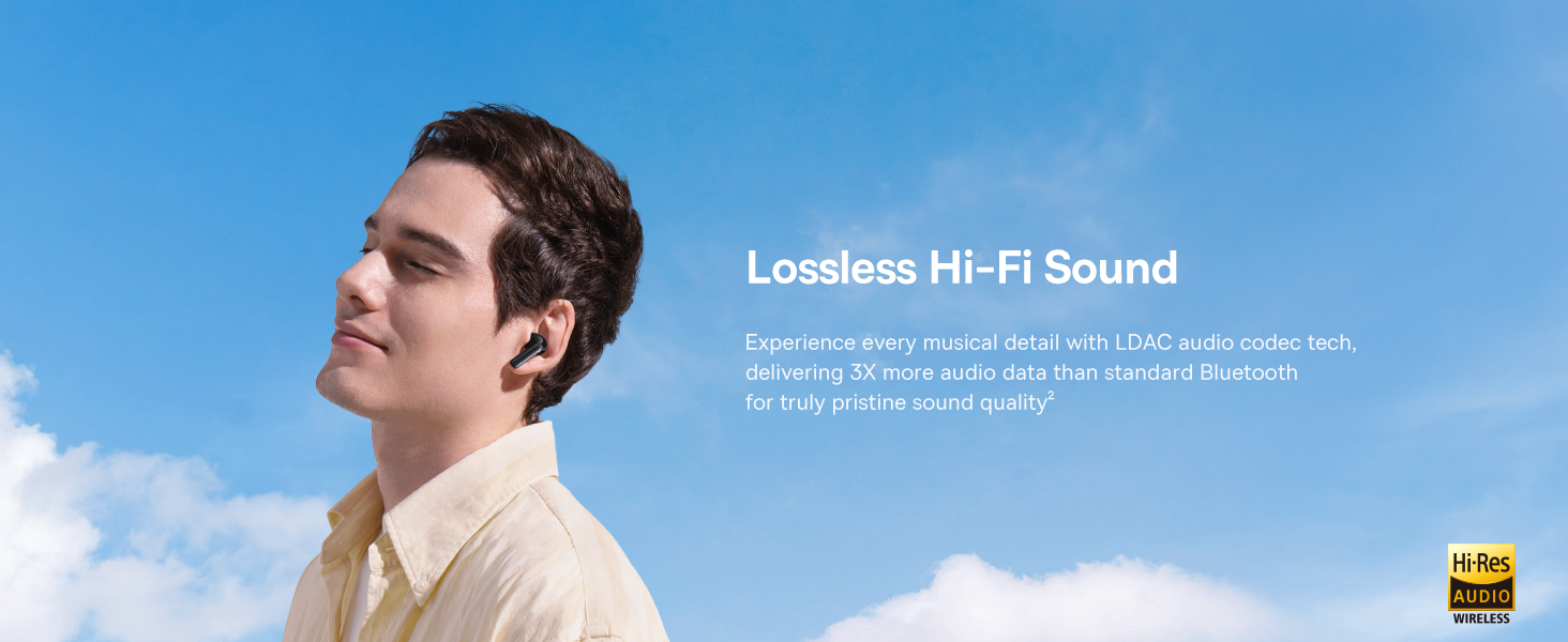 Text reads 'Lossless Hi-Fi Sound'. Person shown against blue sky background, appearing to be listening to audio.