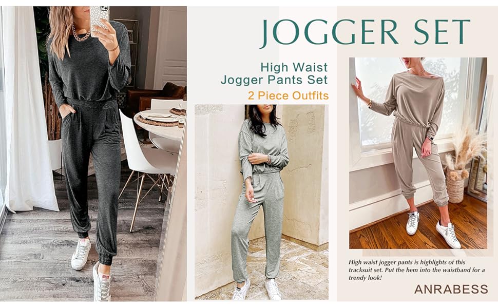 Women’s Solid Color Two Piece Outfit Long Sleeve Crewneck Pullover Tops And Long Pants Sweatsuit