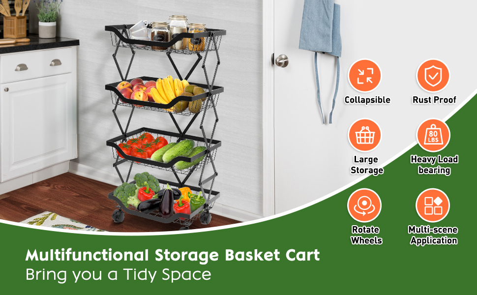 ★ Akari ★ WALLABY BASKET STAND Black Fruit Vegetable Basket for Kitchen Organizers - 4 Tier