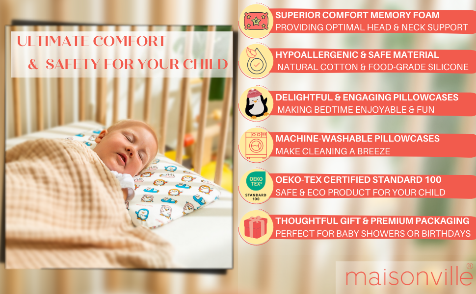 Memory Foam Toddler Pillow for Kids 2x Cute Pillowcases