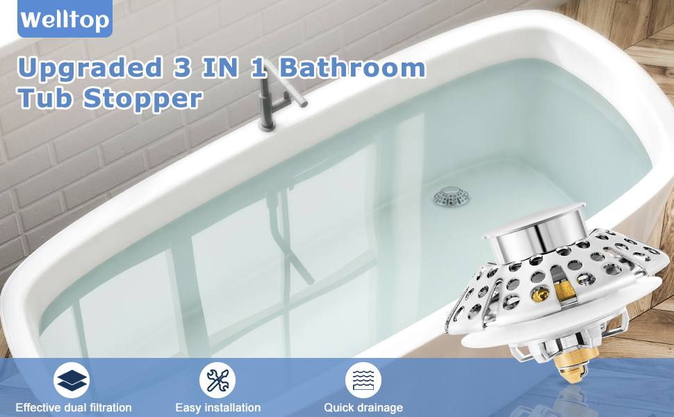 welltop 3 in 1 Tub Stopper Bathtub Drain Stopper, Universal