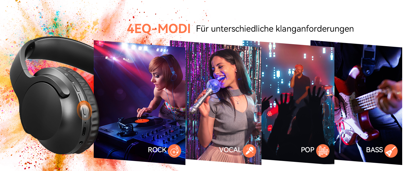 Schwarze kabellose Kopfhörer mit orangefarbenen Akzenten. Vier Musikgenre-Modi werden angezeigt: Rock, Vocal, Pop und Bass. Der deutsche Text weist auf unterschiedliche Klanganforderungen hin. Bunter Hintergrund mit Partyszenen.