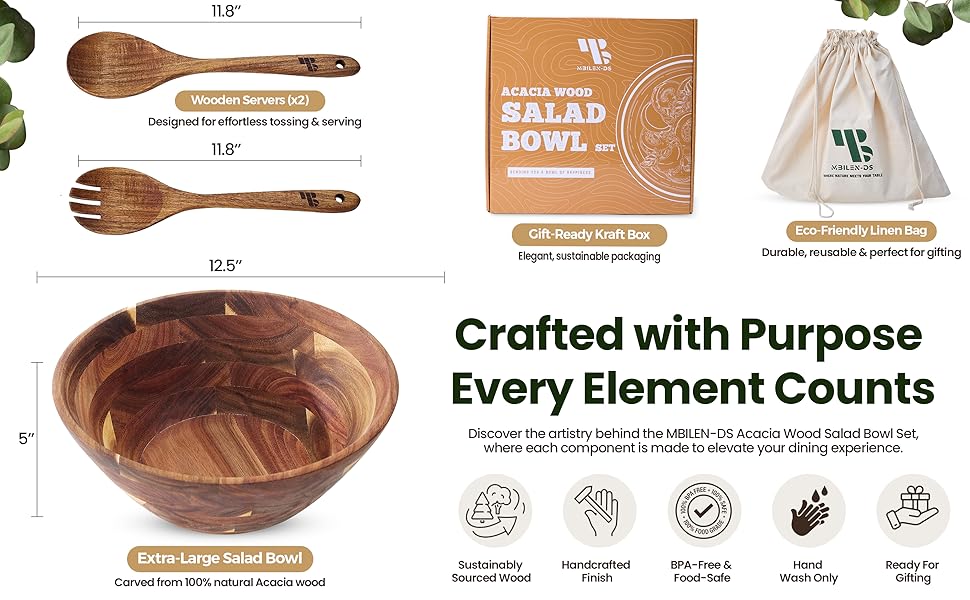 large acacia wood serving bowl and utensil set. Sustainable packaging included for gifting.