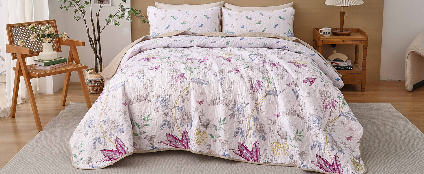 WONGS BEDDING Quilt Set King Size, Pink Floral Printed